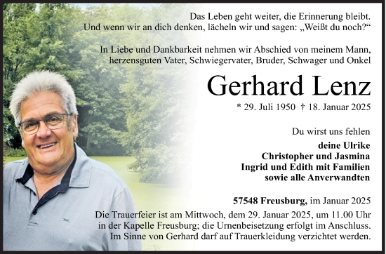 Traueranzeige von Gerhard Lenz von Siegener Zeitung