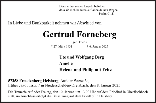 Traueranzeige von Gertrud Forneberg von Siegener Zeitung