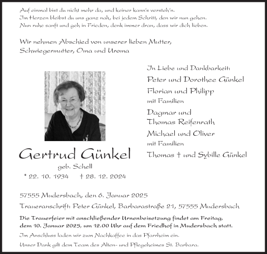 Traueranzeige von Gertrud Günkel von Siegener Zeitung