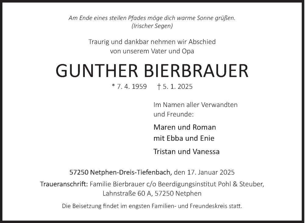  Traueranzeige für Gunther Bierbrauer vom 17.01.2025 aus Siegener Zeitung