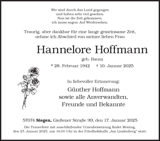 Traueranzeige von Hannelore Hoffmann von Siegener Zeitung