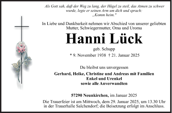 Traueranzeige von Hanni Lück von Siegener Zeitung