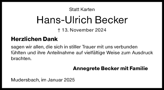 Traueranzeige von Hans-Ulrich Becker von Siegener Zeitung