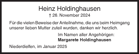 Traueranzeige von Heinz Holdinghausen von Siegener Zeitung