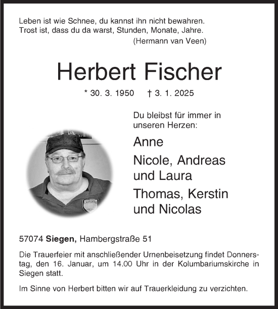 Traueranzeige von Herbert Fischer von Siegener Zeitung