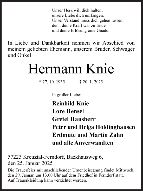 Traueranzeige von Hermann Knie von Siegener Zeitung