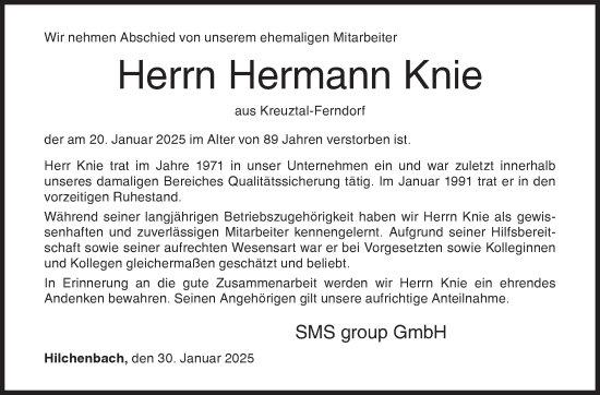 Traueranzeige von Hermann Knie von Siegener Zeitung