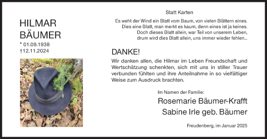 Traueranzeige von Hilmar Bäumer von Siegener Zeitung