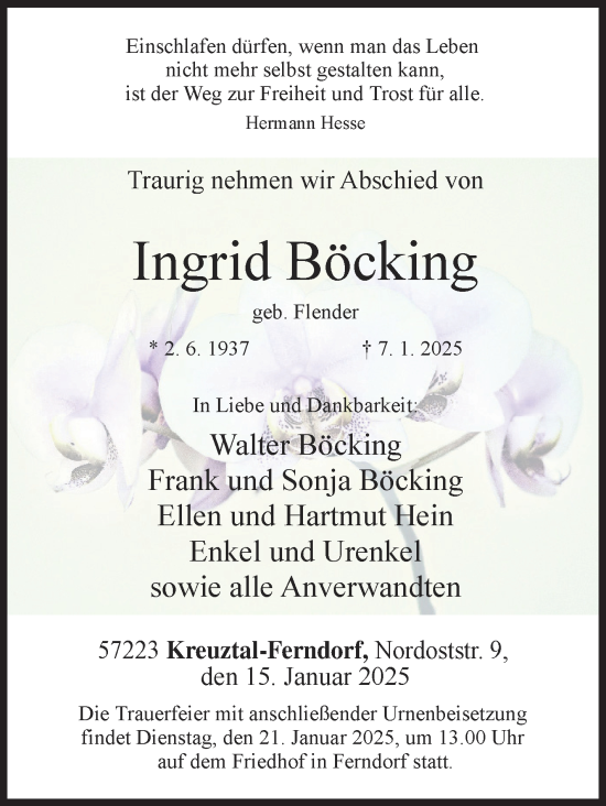 Traueranzeige von Ingrid Böcking von Siegener Zeitung