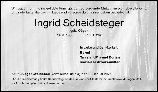 Traueranzeige von Ingrid Scheidsteger von Siegener Zeitung