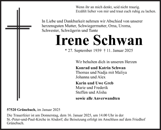 Traueranzeige von Irene Schwan von Siegener Zeitung