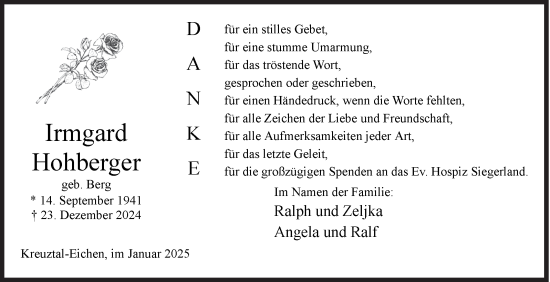 Traueranzeige von Irmgard Hohberger von Siegener Zeitung