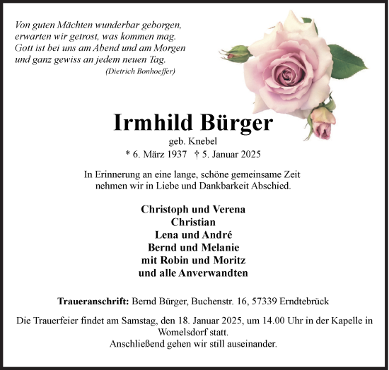 Traueranzeige von Irmhild Bürger von Siegener Zeitung
