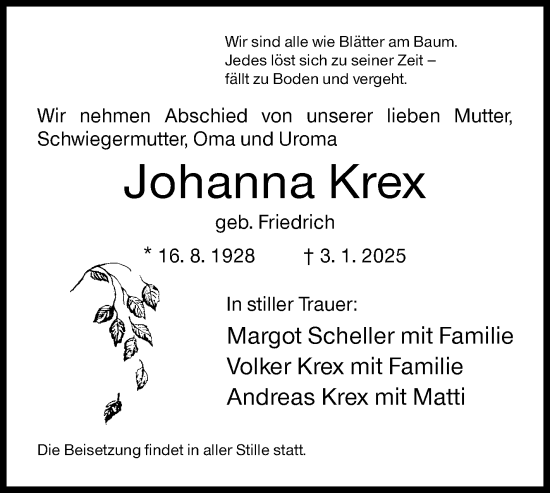 Traueranzeige von Johanna Krex von Siegener Zeitung
