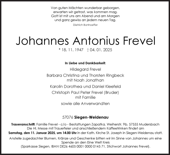 Traueranzeige von Johannes Antonius Frevel von Siegener Zeitung