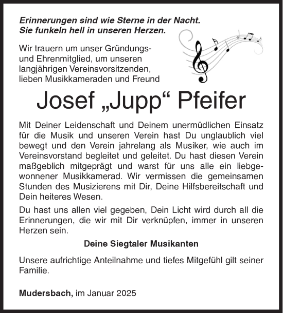 Traueranzeige von Josef Pfeifer von Siegener Zeitung