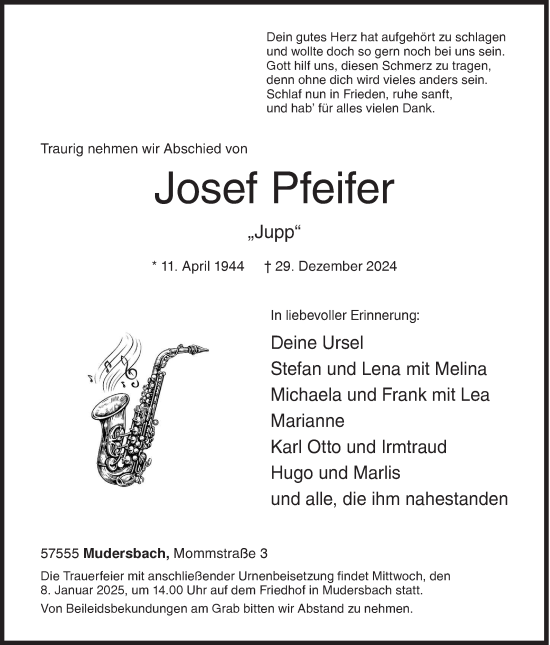Traueranzeige von Josef Pfeifer von Siegener Zeitung