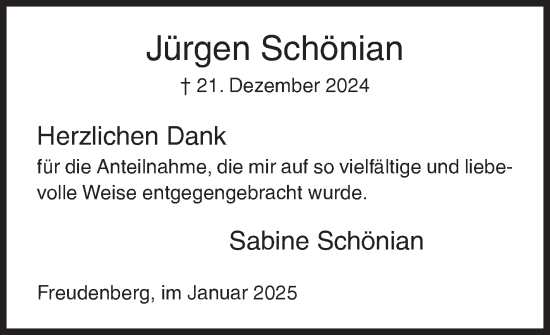 Traueranzeige von Jürgen Schönian von Siegener Zeitung