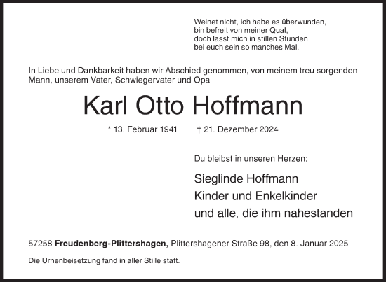 Traueranzeige von Karl Otto Hoffmann von Siegener Zeitung