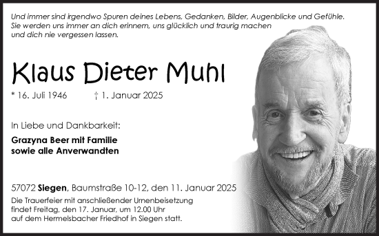 Traueranzeige von Klaus Dieter Muhl von Siegener Zeitung