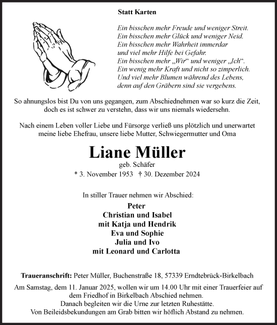 Traueranzeige von Liane Müller von Siegener Zeitung