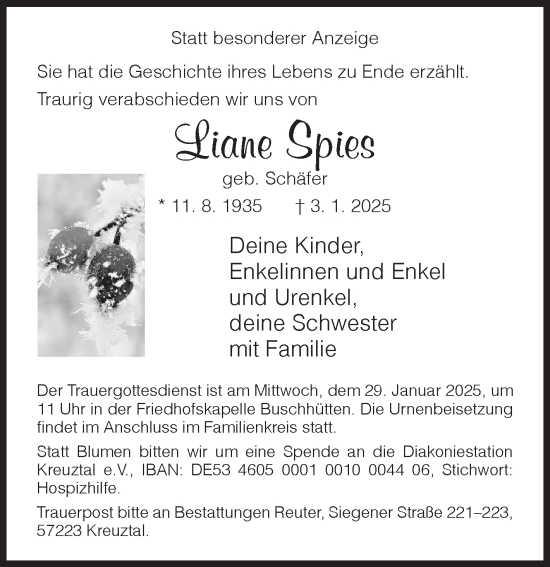 Traueranzeige von Liane Spies von Siegener Zeitung