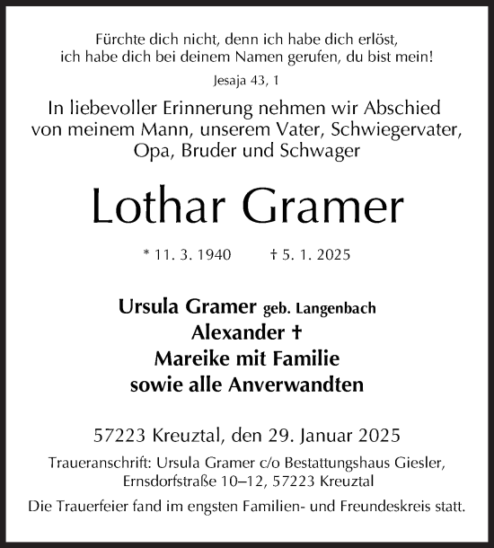 Traueranzeige von Lothar Gramer von Siegener Zeitung