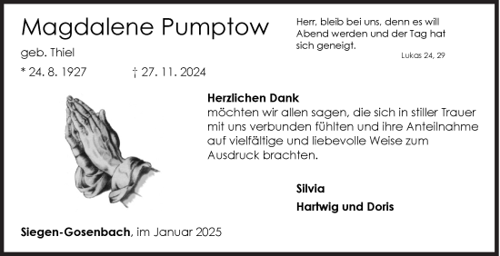 Traueranzeige von Magdalene Pumptow von Siegener Zeitung