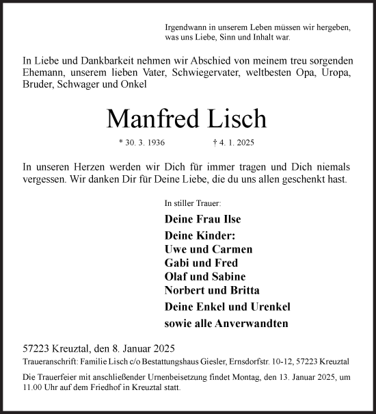 Traueranzeige von Manfred Lisch von Siegener Zeitung