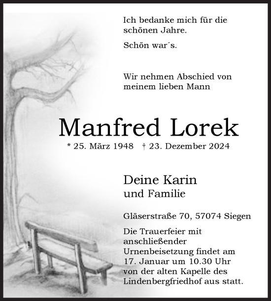 Traueranzeige von Manfred Lorek von Siegener Zeitung