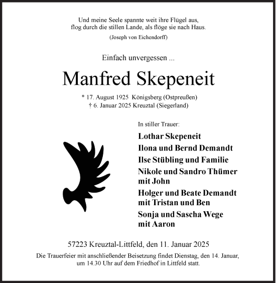 Traueranzeige von Manfred Skepeneit von Siegener Zeitung