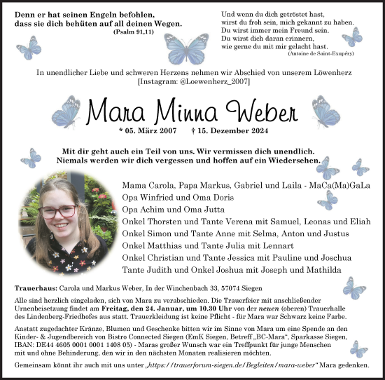 Traueranzeige von Mara Mina Weber von Siegener Zeitung