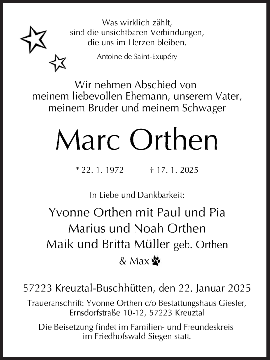 Traueranzeige von Marc Orthen von Siegener Zeitung