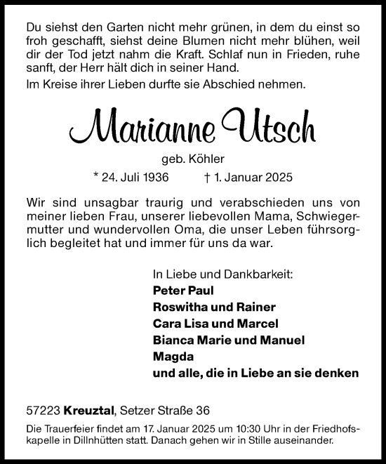 Traueranzeige von Marianne Utsch von Siegener Zeitung
