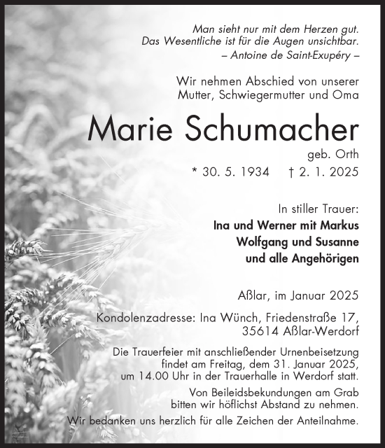 Traueranzeige von Marie Schumacher von Siegener Zeitung