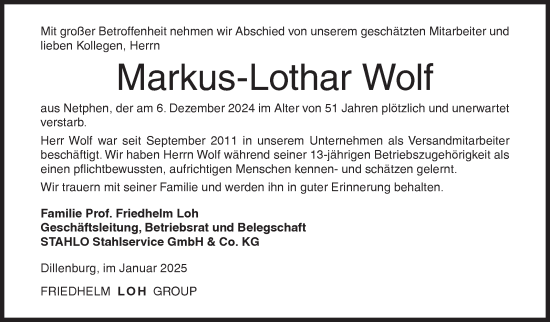 Traueranzeige von Markus-Lothar Wolf von Siegener Zeitung