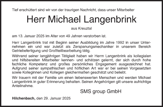 Traueranzeige von Michael Langenbrink von Siegener Zeitung