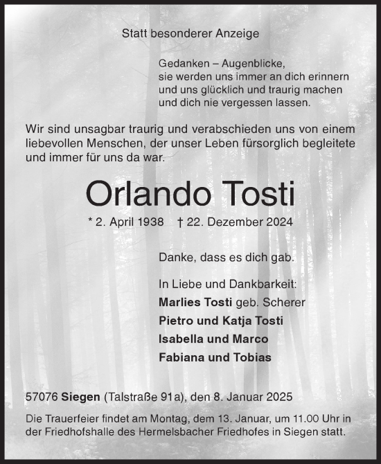 Traueranzeige von Orlando Tosti von Siegener Zeitung