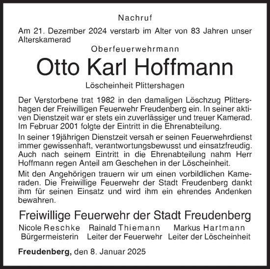 Traueranzeige von Otto Karl Hoffmann von Siegener Zeitung