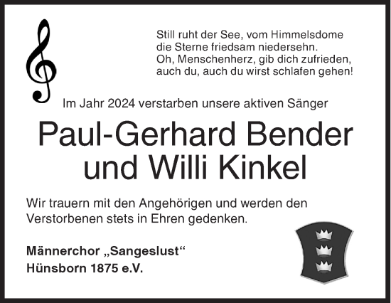 Traueranzeige von Paul-Gerhard und Willi Bender und Kinkel von Siegener Zeitung