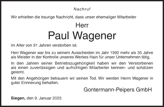 Traueranzeige von Paul Wagener von Siegener Zeitung