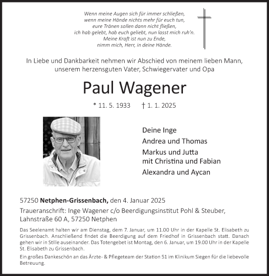 Traueranzeige von Paul Wagener von Siegener Zeitung