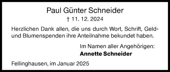 Traueranzeige von Paul Günter Schneider von Siegener Zeitung