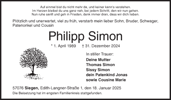 Traueranzeige von Philipp Simon von Siegener Zeitung