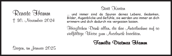 Traueranzeige von Renate Hamm von Siegener Zeitung