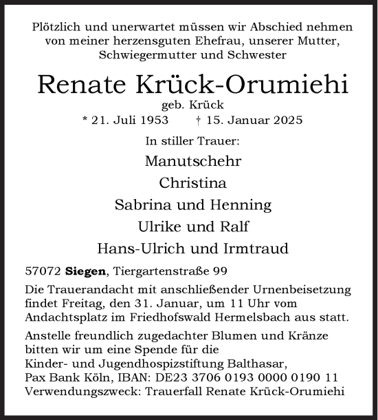Traueranzeige von Renate Krück-Orumiehi von Siegener Zeitung