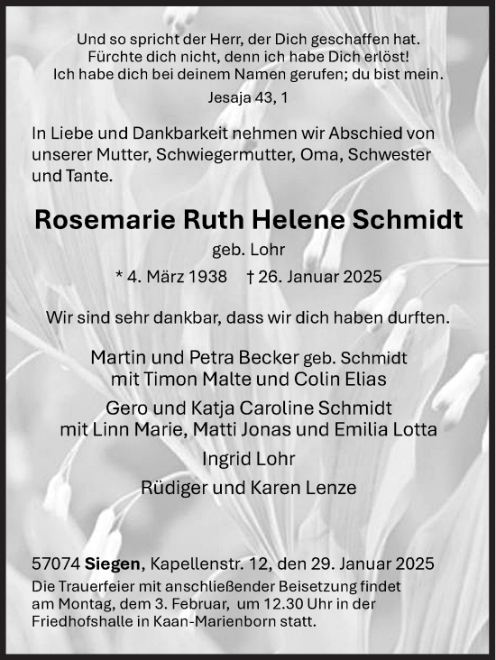 Traueranzeige von Rosemarie Ruth Helene Schmidt von Siegener Zeitung