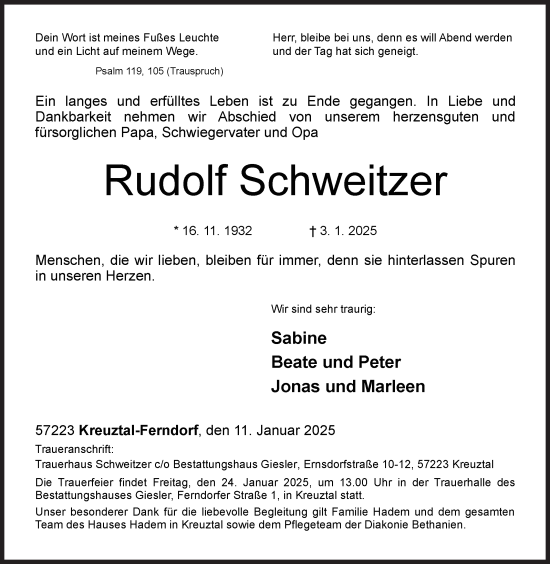 Traueranzeige von Rudolf Schweitzer von Siegener Zeitung