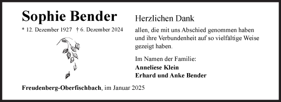 Traueranzeige von Sophie Bender von Siegener Zeitung