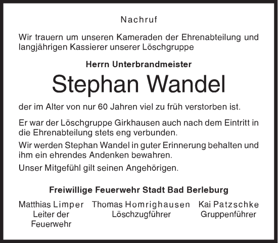 Traueranzeige von Stephan Wandel von Siegener Zeitung